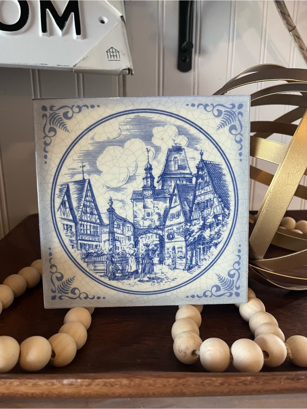 Blue and White Scenic Village Tile Art Print - Unbranded